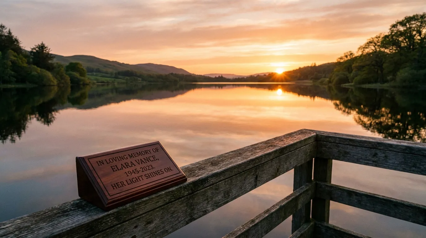 A wooden memorial plaque attached to a serene lake dock at sunset