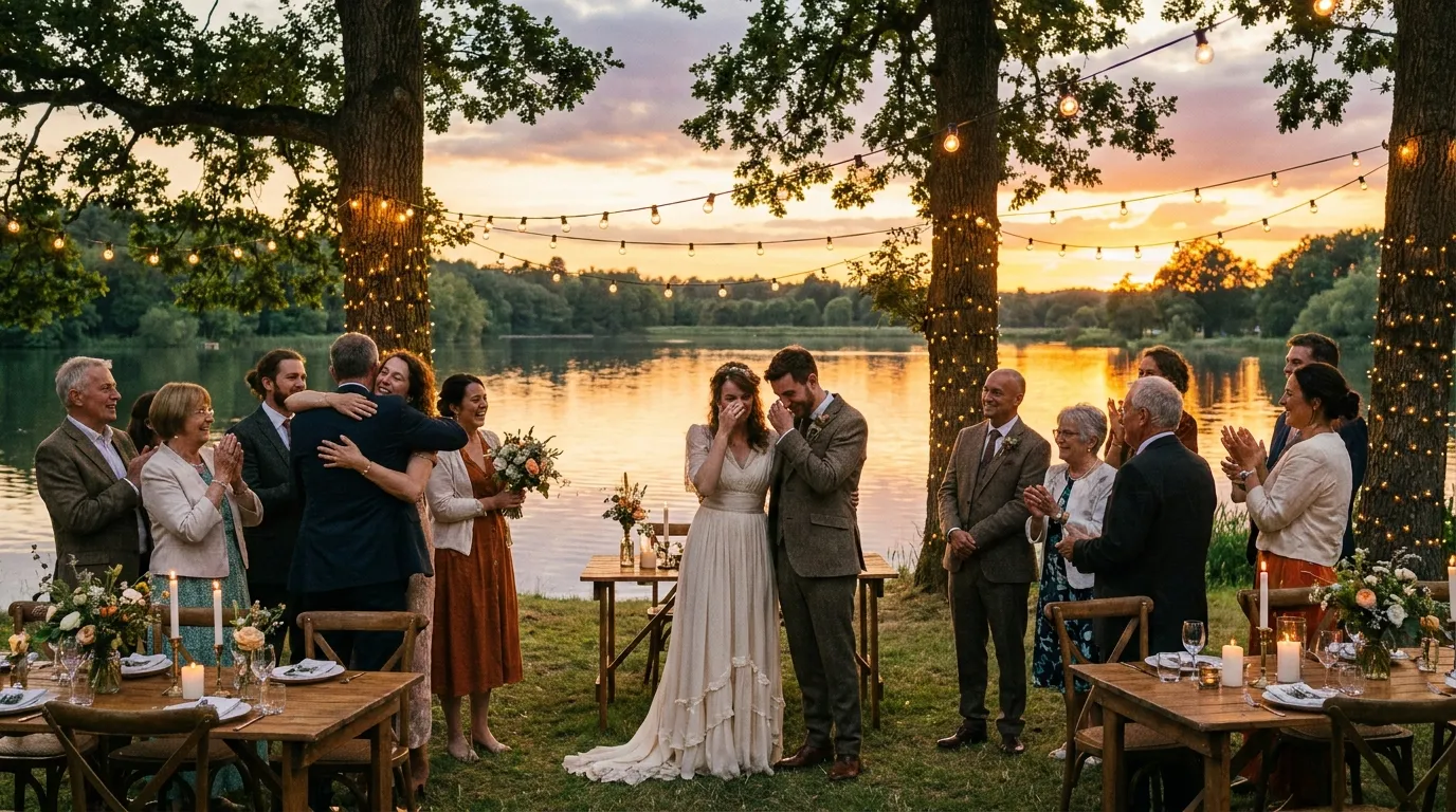 A heartwarming outdoor wedding celebration by a peaceful lake at sunset with family laughing together