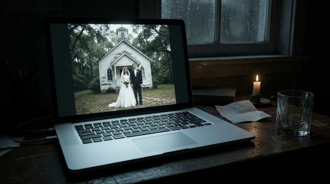 An open laptop in a dark room showing a blurry photo of a bride and groom