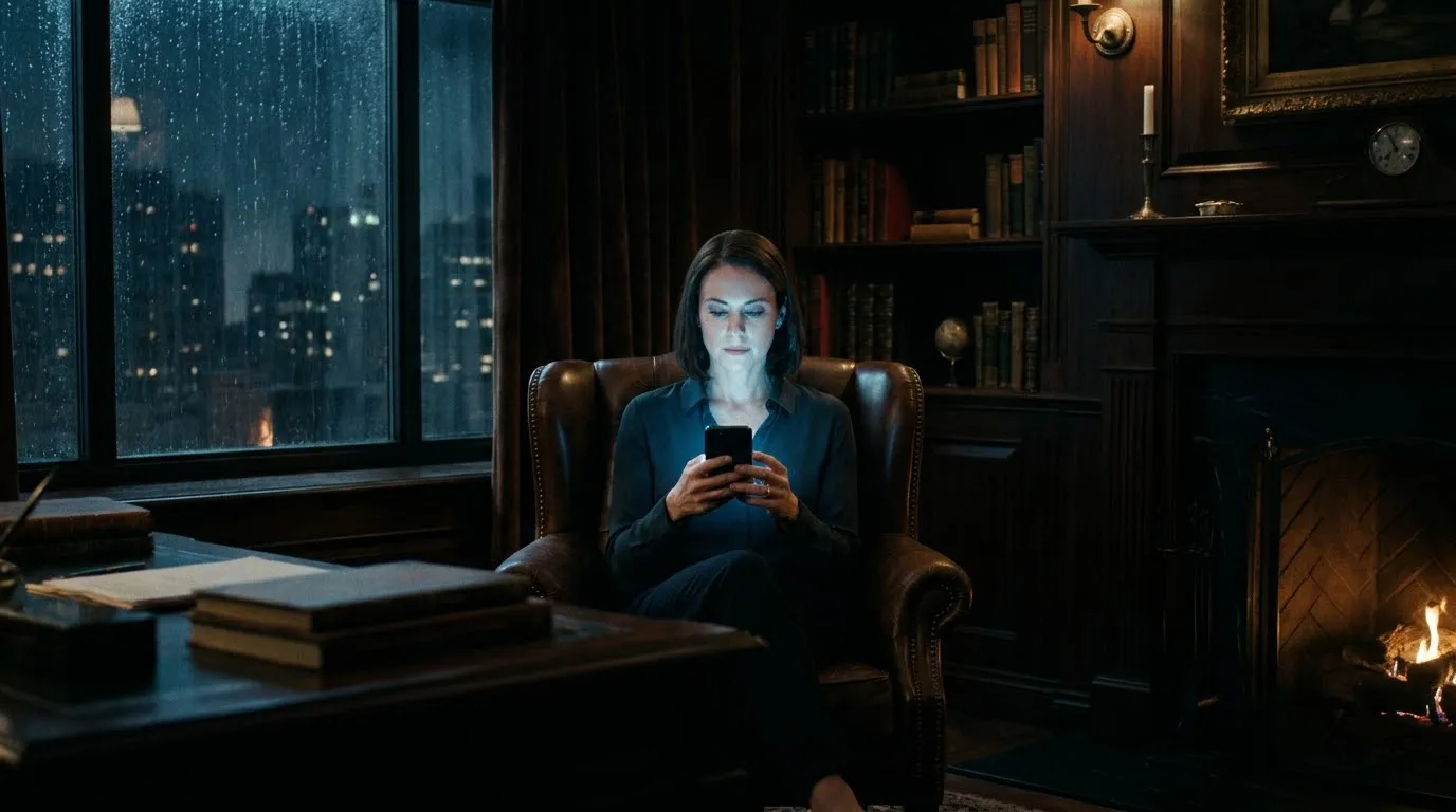 Woman looking at a glowing phone screen in the dark office