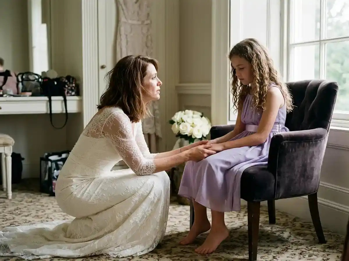 Sierra kneels beside Gemma in the bridal suite as her daughter struggles with painful emotions.