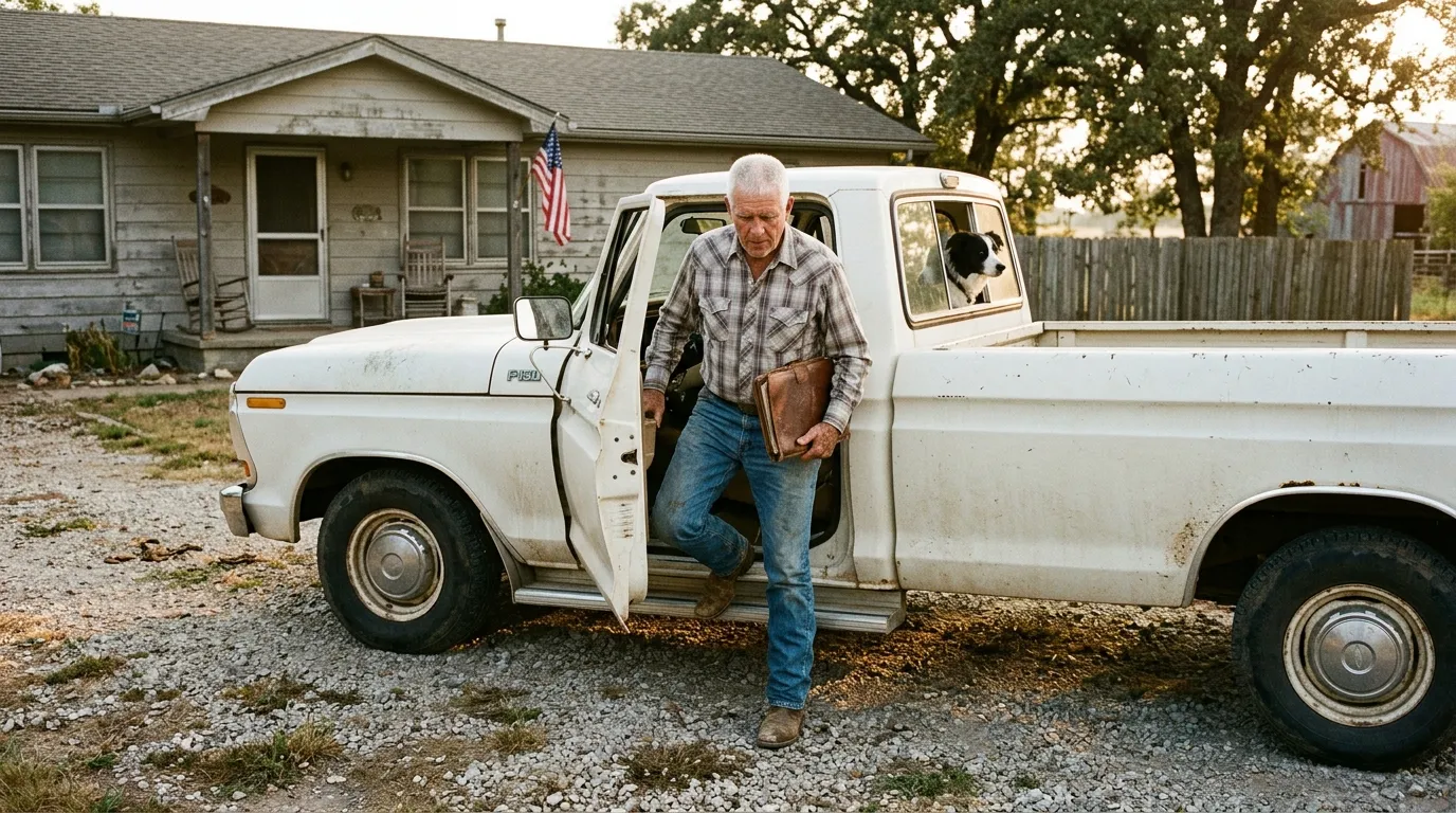 Older lawyer stepping out of a white pickup truck with a leather folder