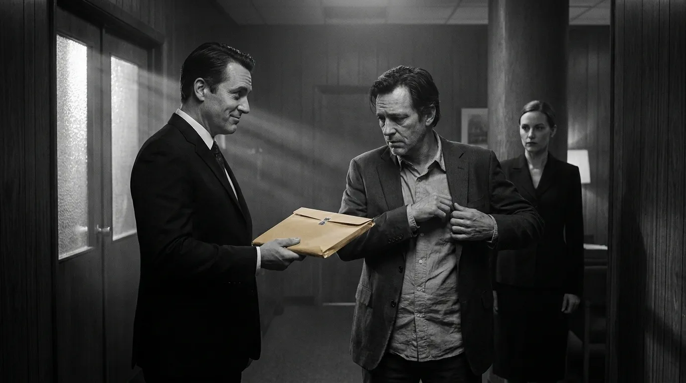 A shadowy hallway where a slick attorney offers a thick envelope to a stressed man while a corporate woman watches.