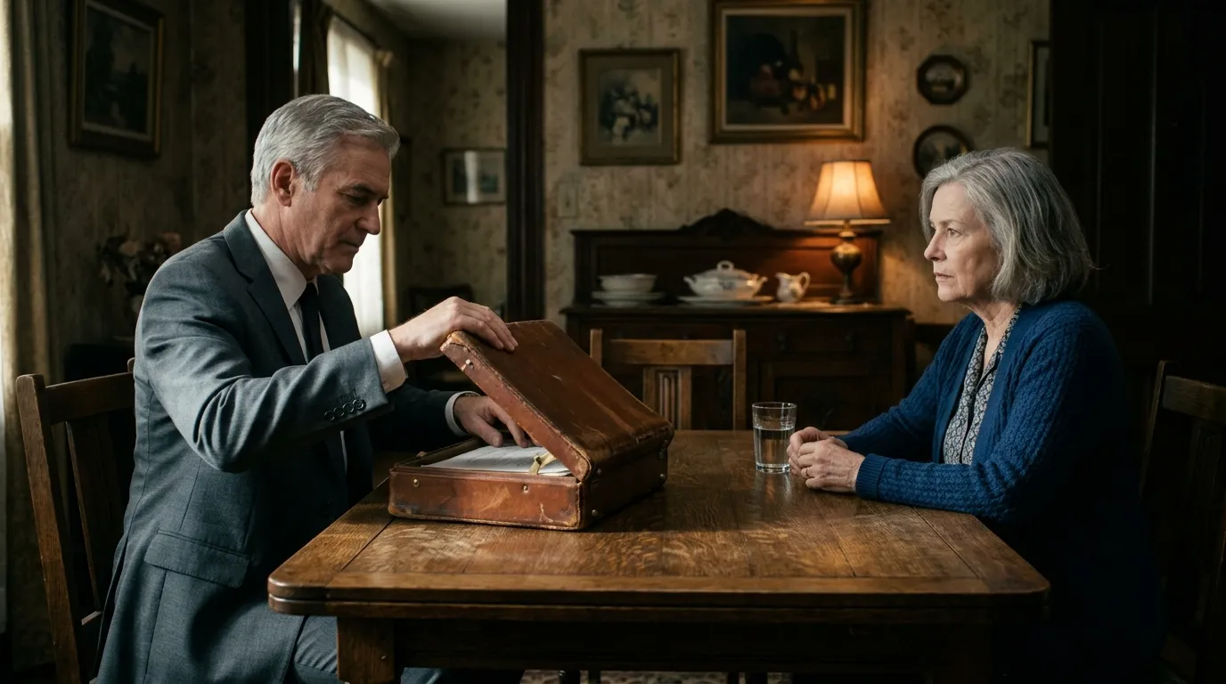 Lawyer Thomas Abernathy opening a leather briefcase on an oak table across from Evelyn