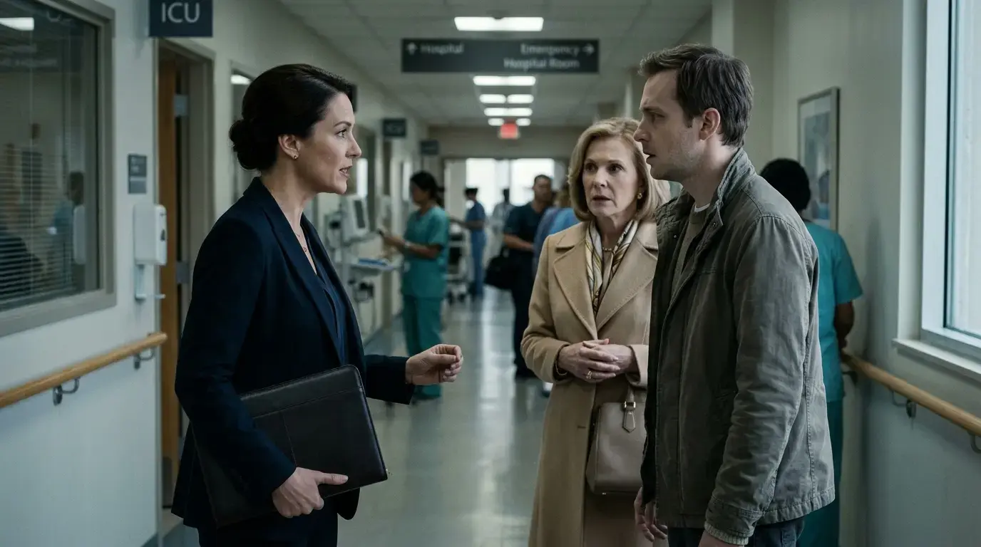 Confident female lawyer confronting shocked husband and mother-in-law in the hospital