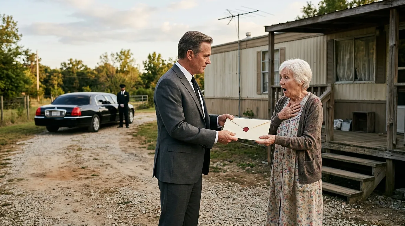 Lawyer handing a sealed envelope to an older woman outside a trailer