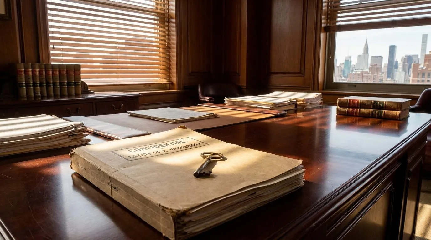 Manila folder and brass key on a mahogany desk