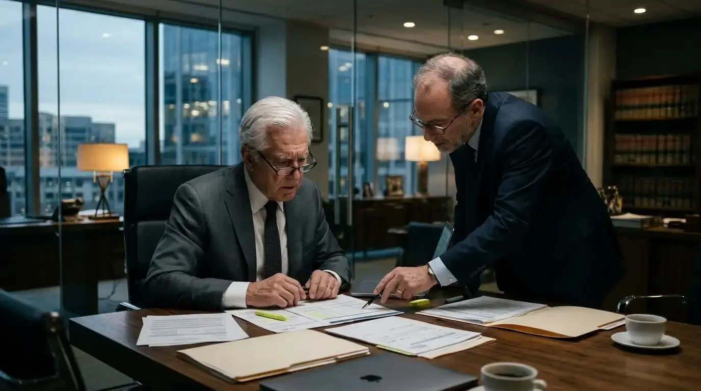 Harold and his lawyer reviewing forged financial documents in a corporate office