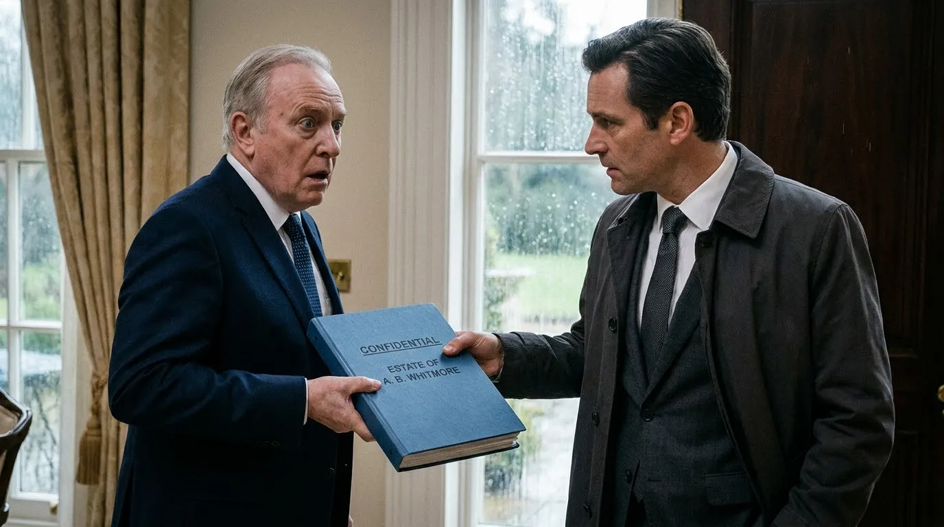 Lawyer handing a blue legal folder to a stunned man in a luxury home