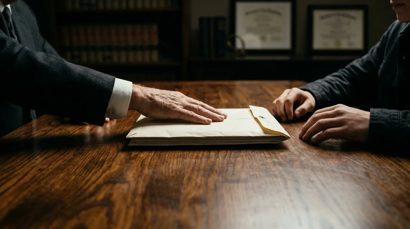 Lawyer sliding a sealed envelope across a table to a teenage boy
