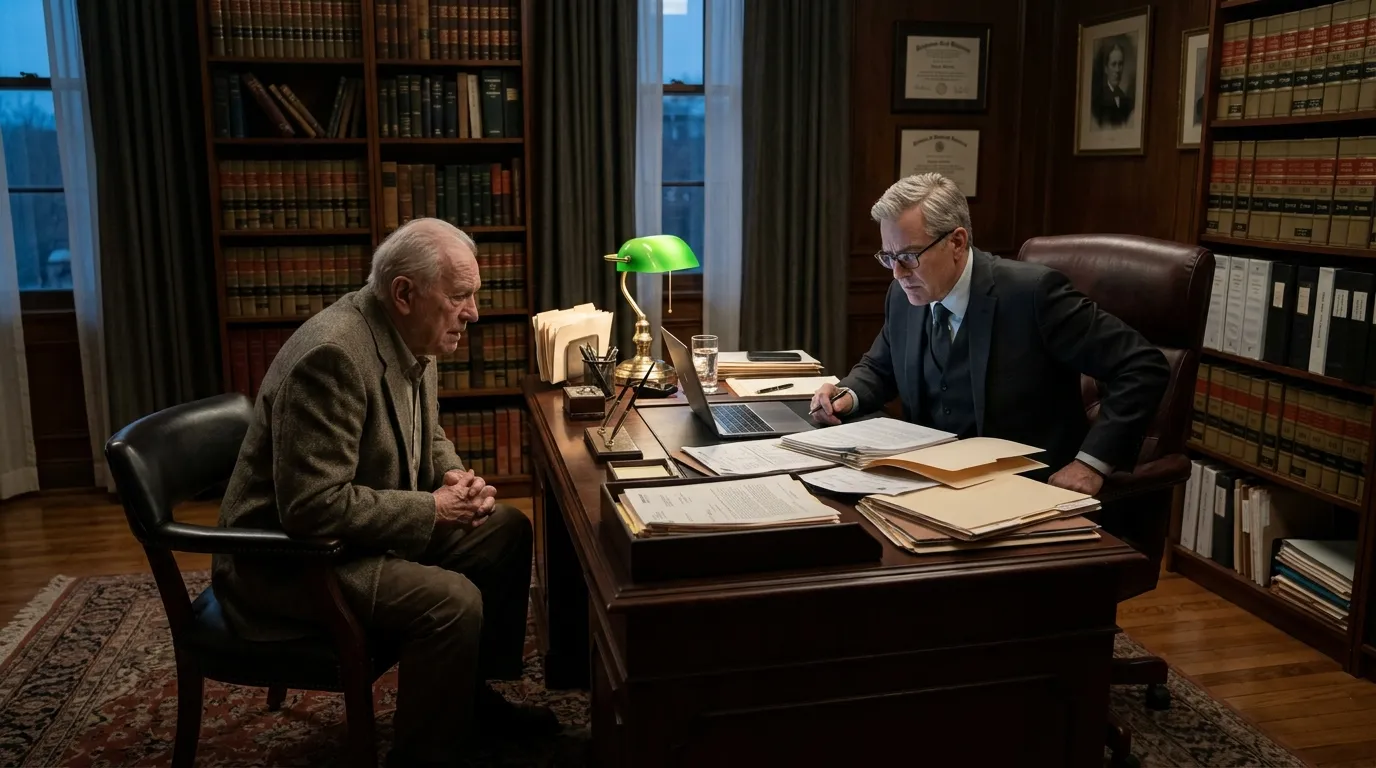 An elderly man and his lawyer looking gravely at a laptop in a dimly lit office