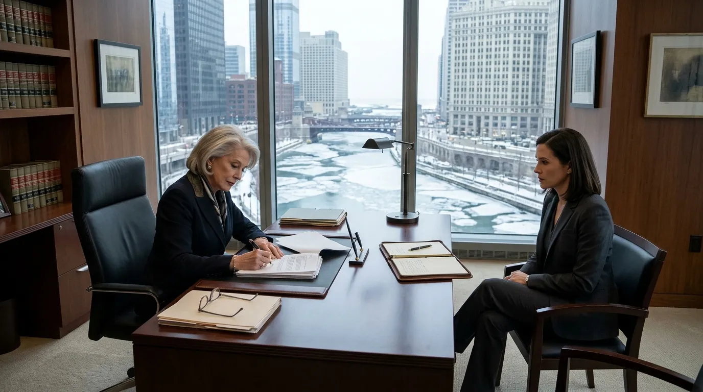 A sophisticated older woman signing documents in a Chicago law office