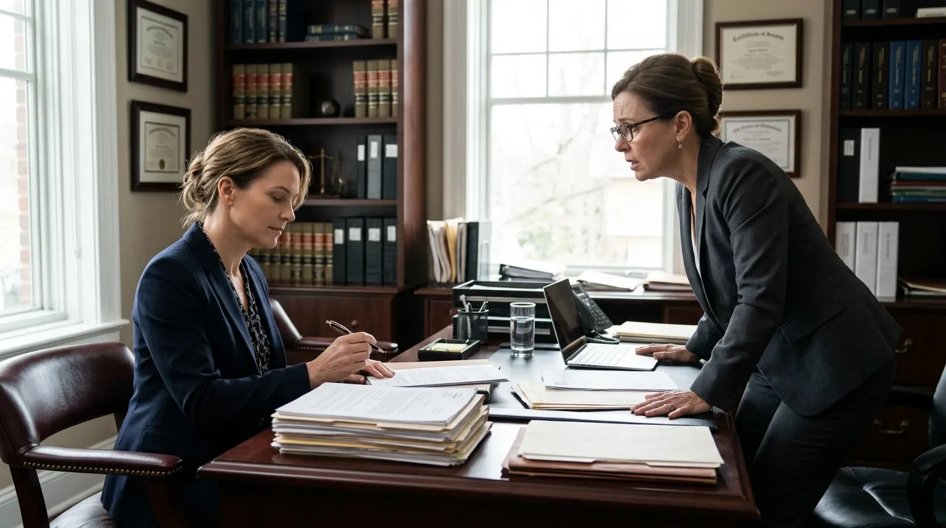 Woman calmly sitting in a law office while her lawyer looks shocked