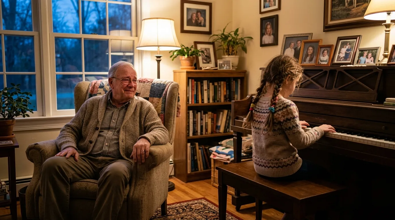A young girl playing piano in a cozy living room while an older man watches with happy tears in his eyes
