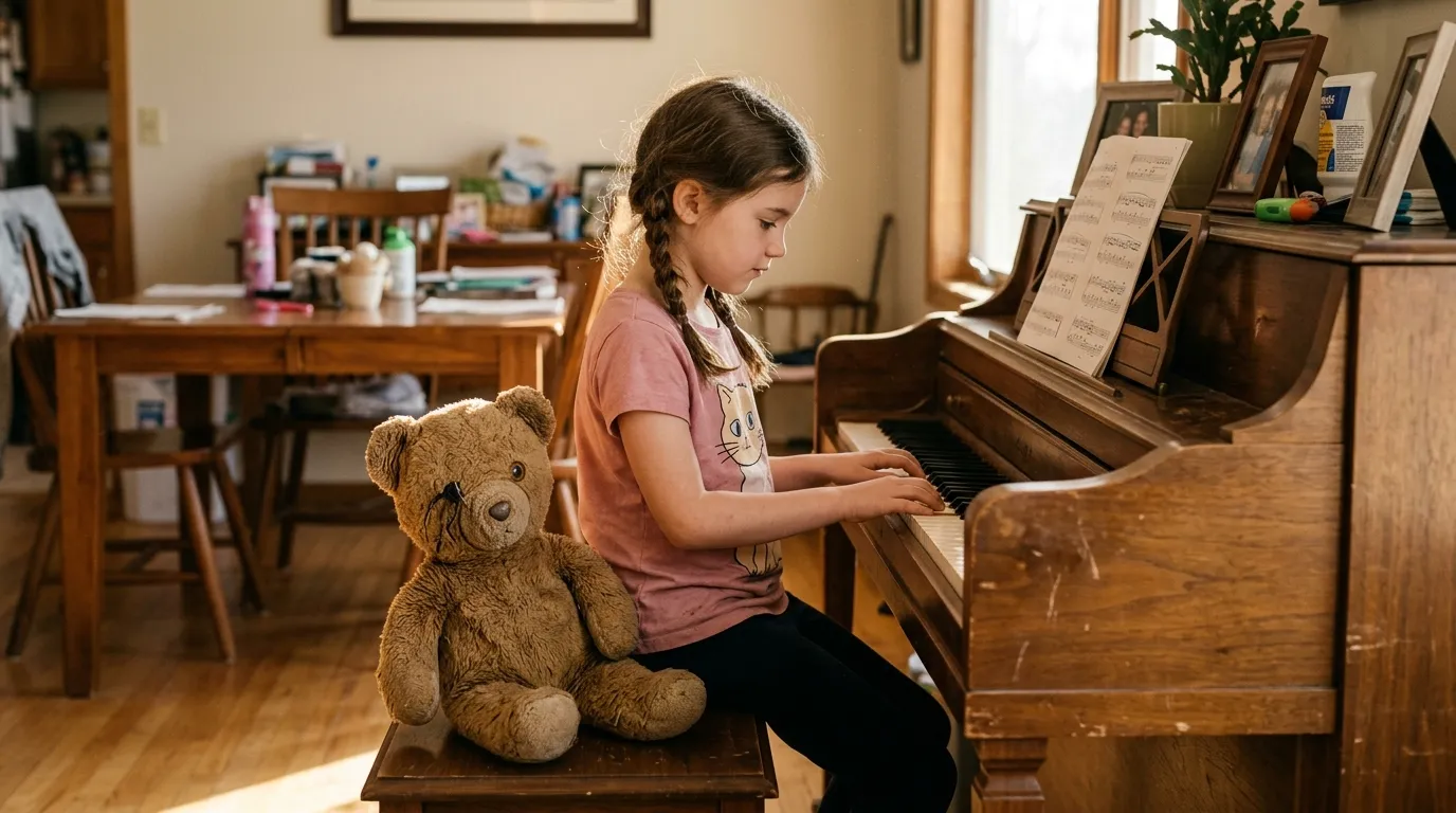 A young girl with crooked braids playing a wooden piano next to her old teddy bear