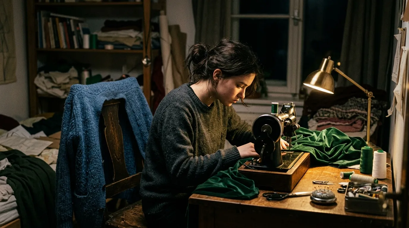 A teenage girl sewing a green dress late at night under a warm desk lamp