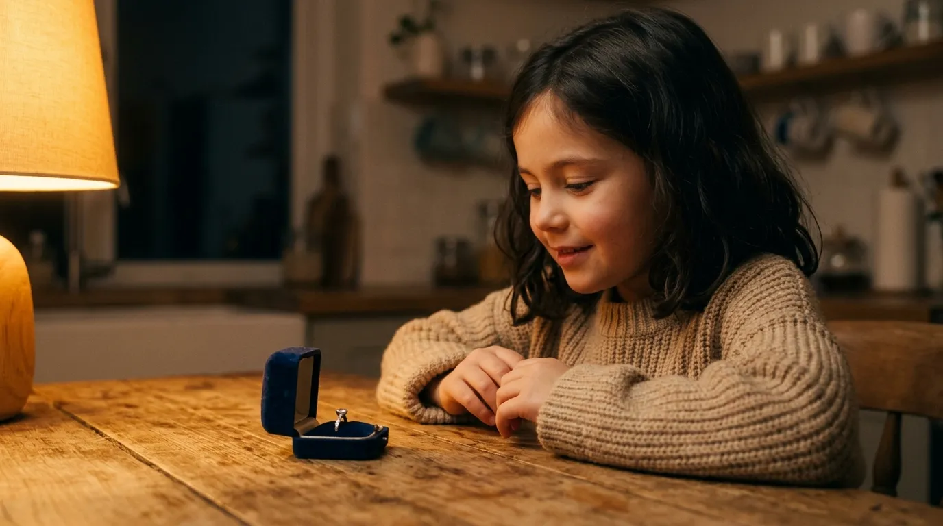 A little girl sitting at a kitchen table looking closely at a sparkling diamond ring in a velvet box