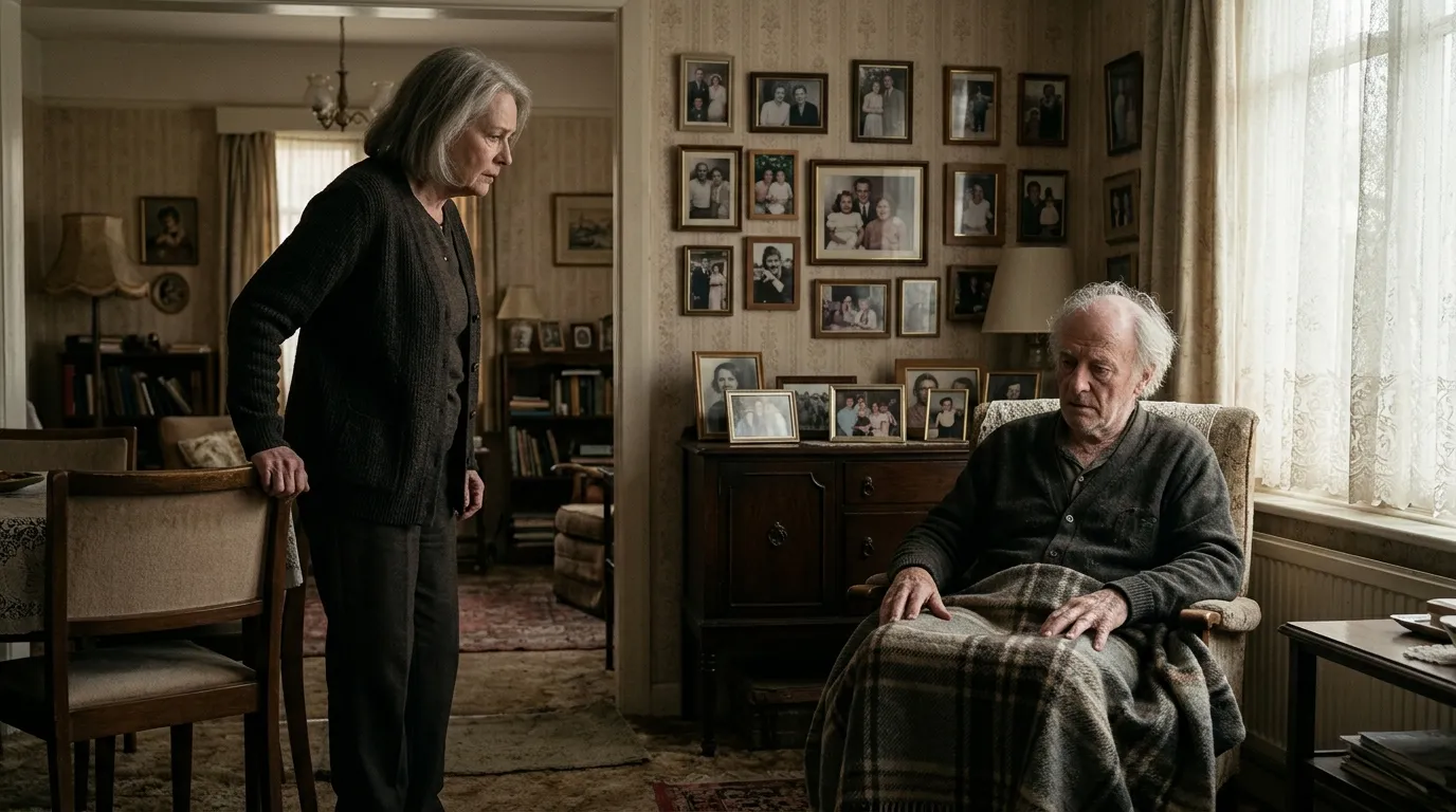 An elderly woman confronting an elderly man sitting by a window in a room filled with family photos