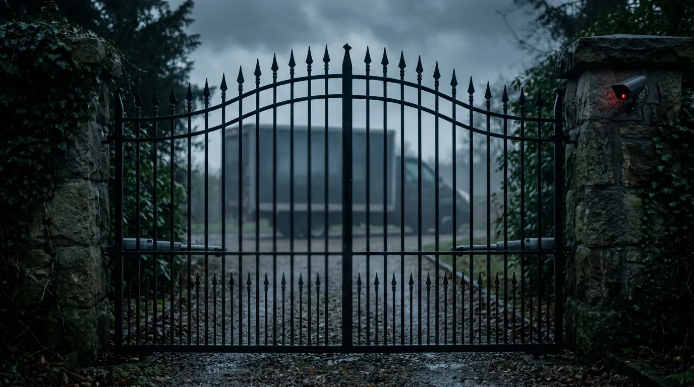 A tall, imposing black wrought-iron driveway gate attached to stone pillars with a security camera, a moving truck blurred in the background.