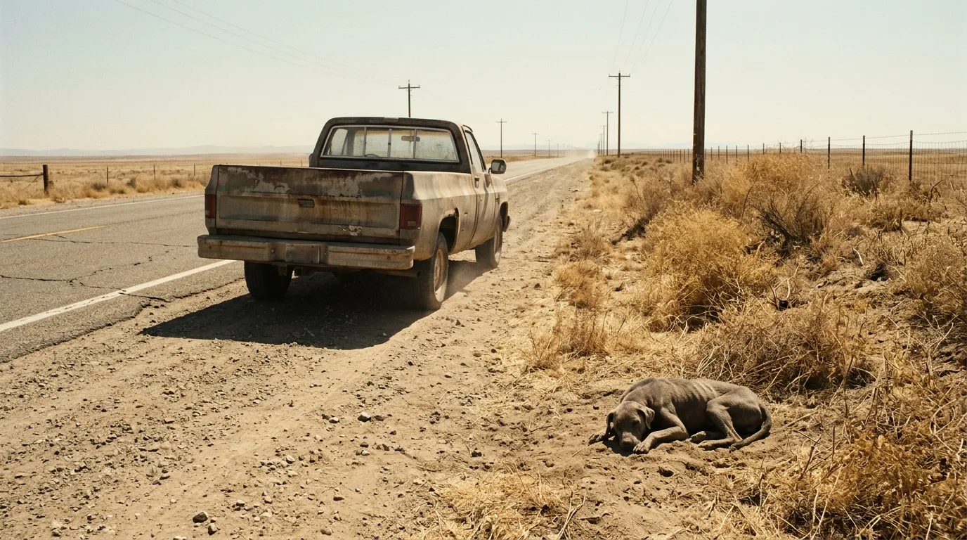 A frail dog waiting in the dry weeds by a rural highway next to an old pickup truck