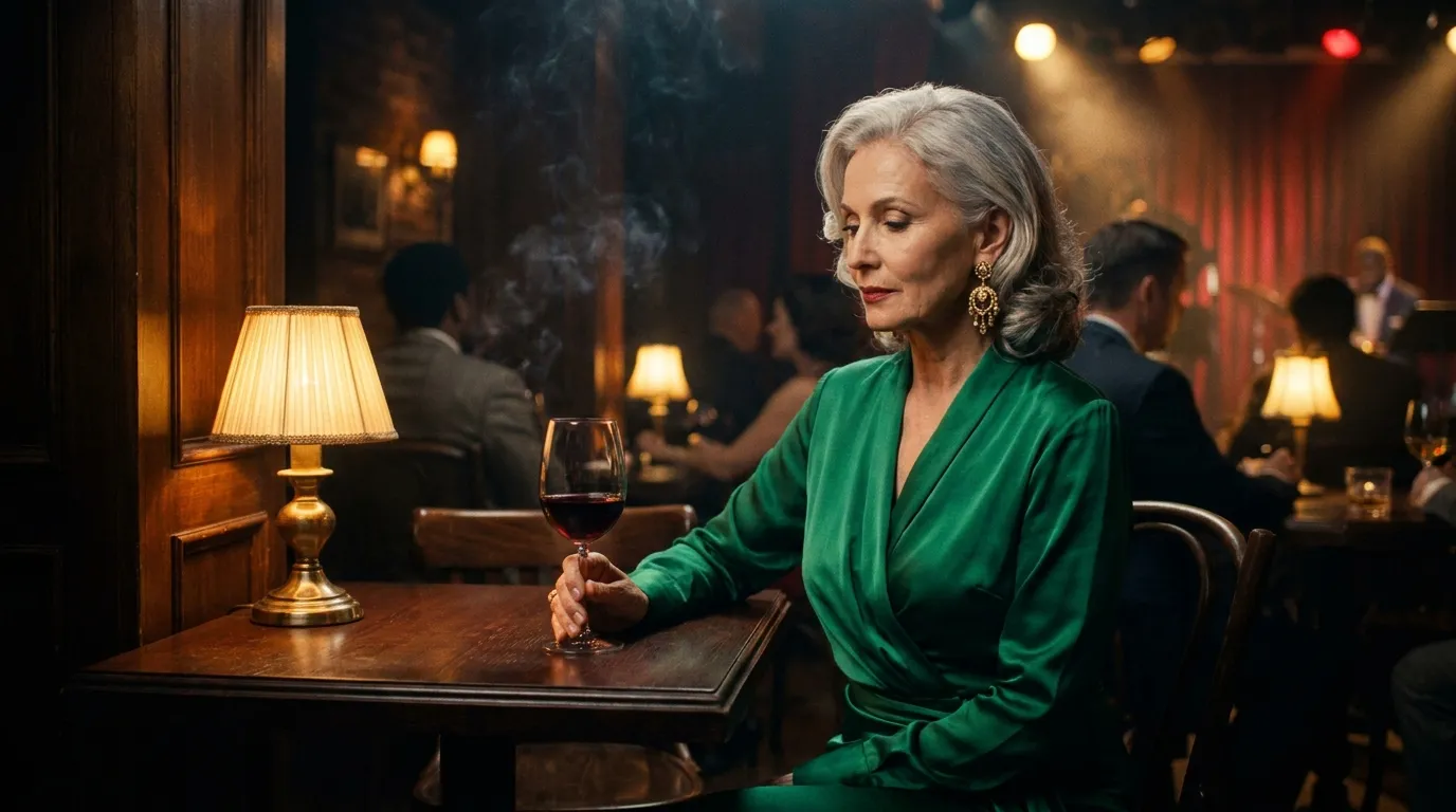 Elegant 62-year-old woman in a green dress sitting alone in a dimly lit bar with a glass of red wine