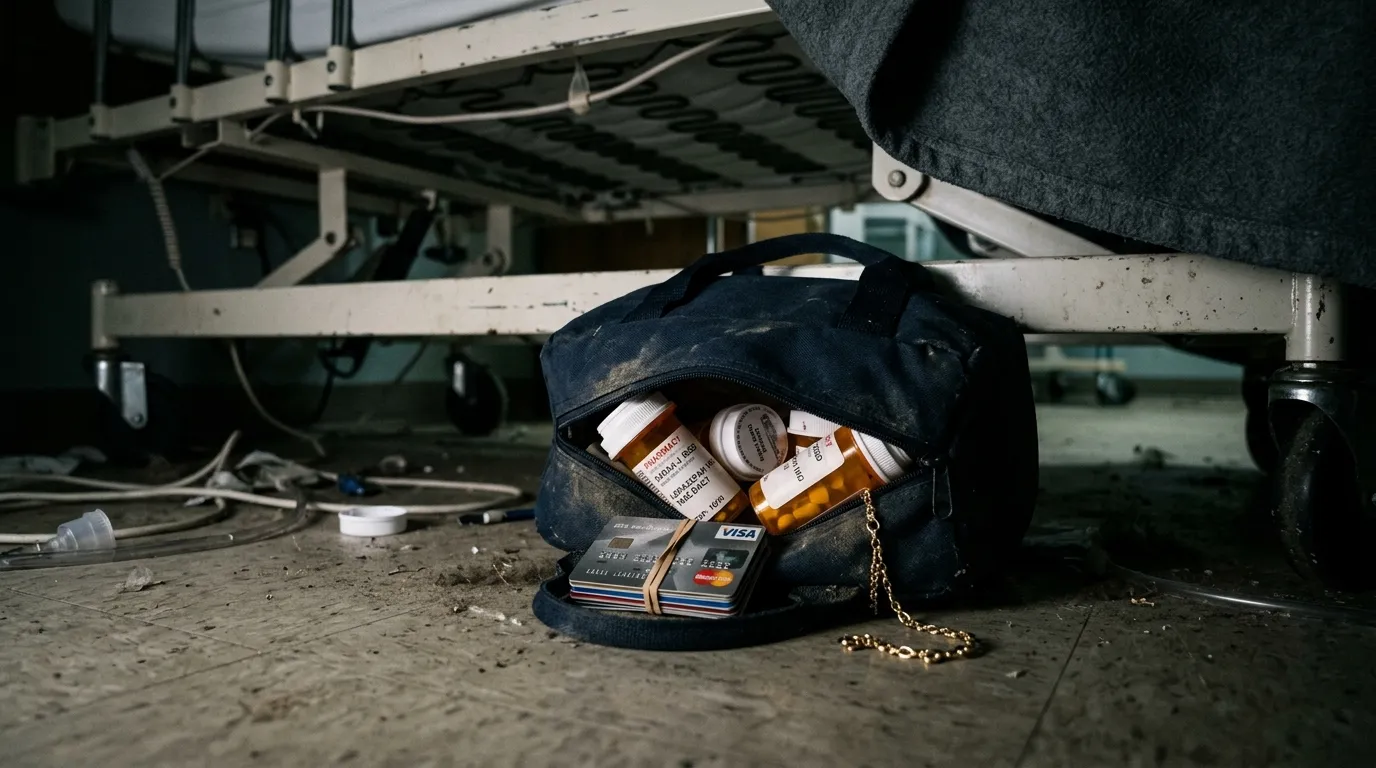 A partially unzipped lunch tote bag hidden under a hospital bed showing pill bottles and credit cards