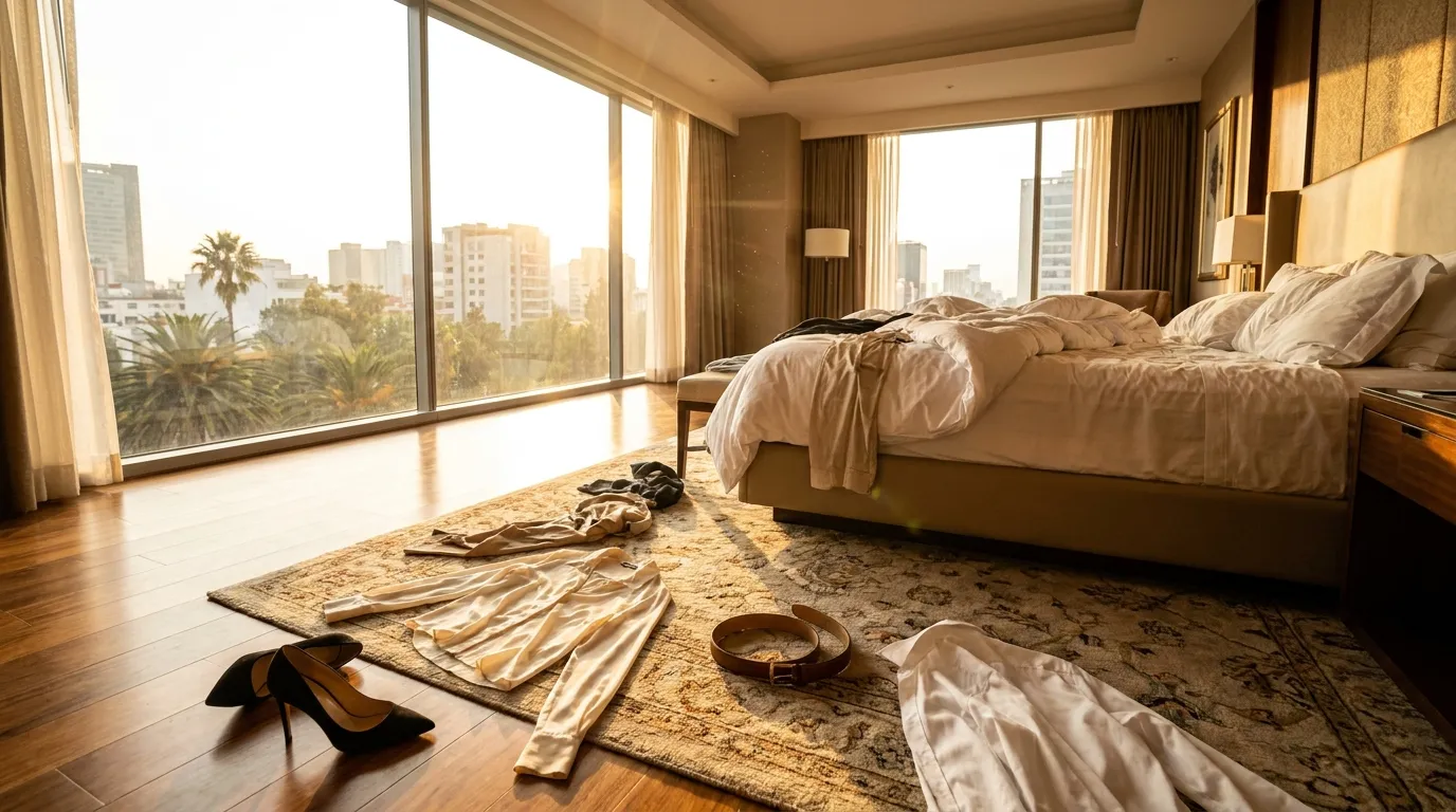 Elegant clothes scattered across the floor of a sunlit hotel suite