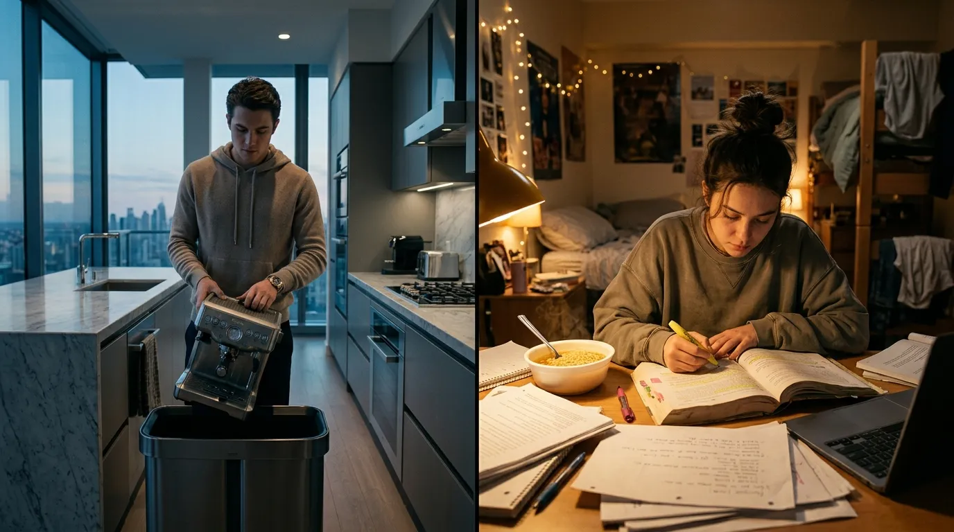 A luxurious modern kitchen contrasted with a tired college student studying late at night