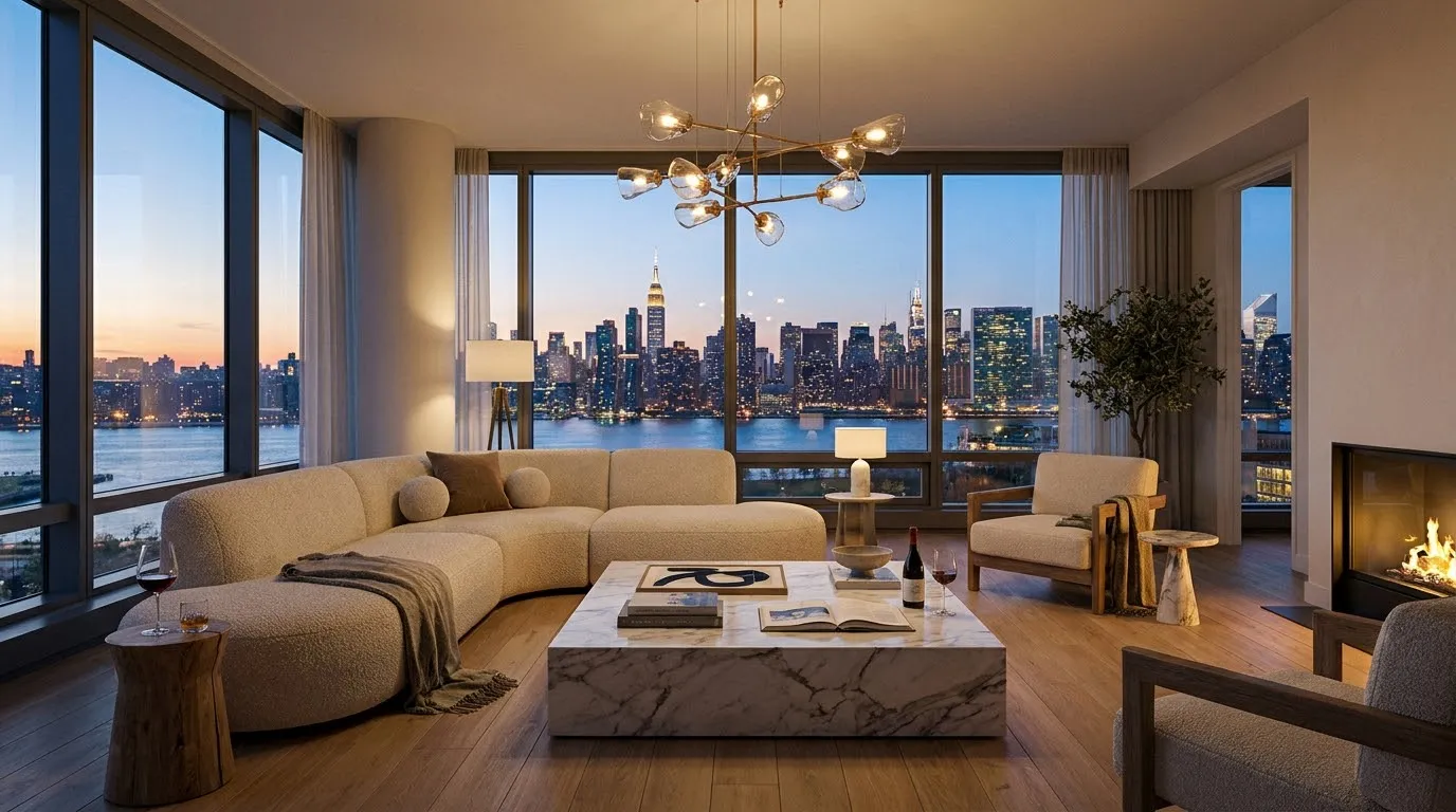 A bright, modern luxury condo living room with large windows