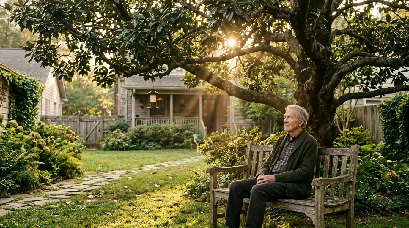 Elderly man sitting on a bench beneath a large magnolia tree at sunset