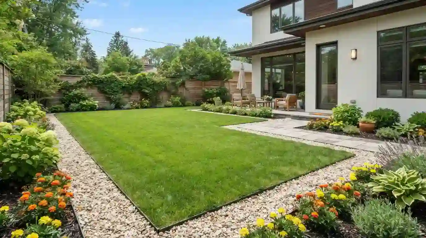 Well-manicured yard with trimmed lawn and protective gravel barrier