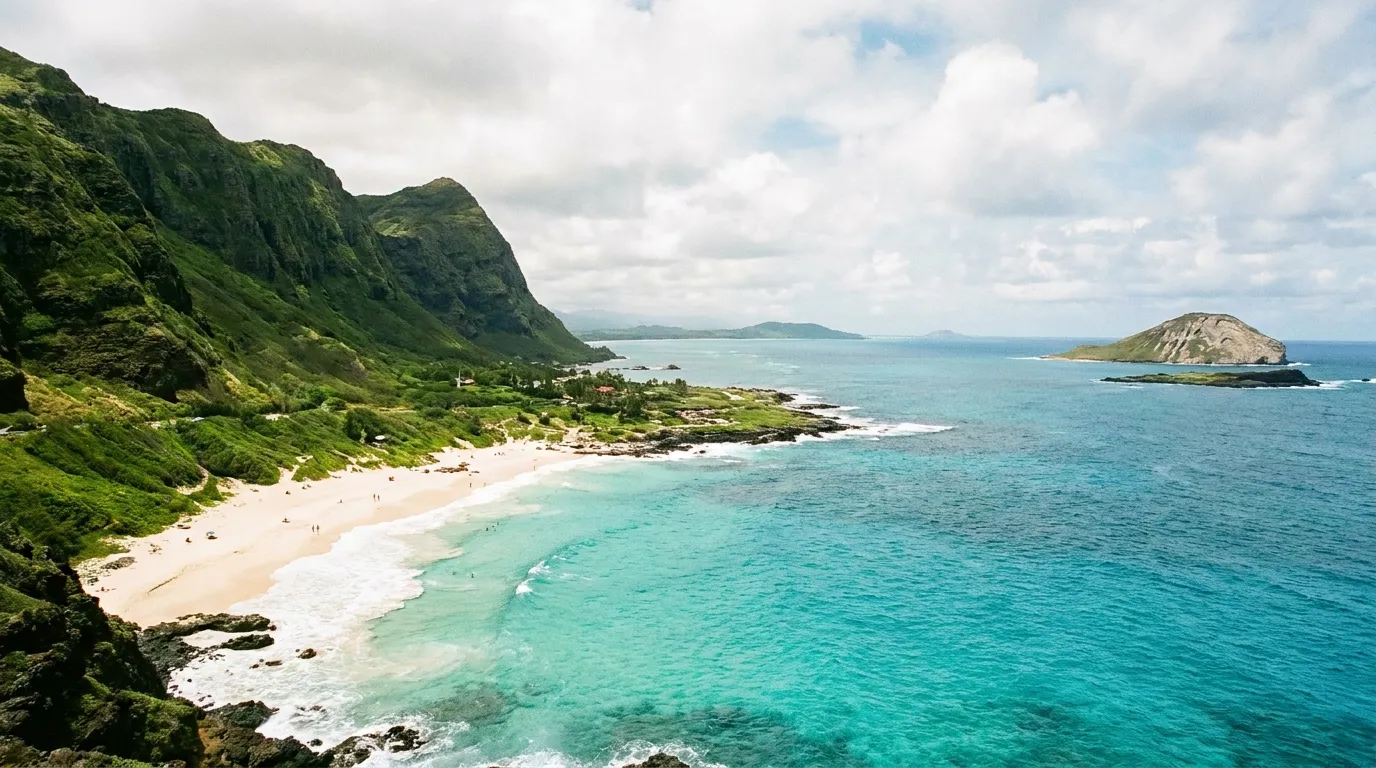 Lush green cliffs and turquoise ocean water at Makapu'u beach in Hawaii