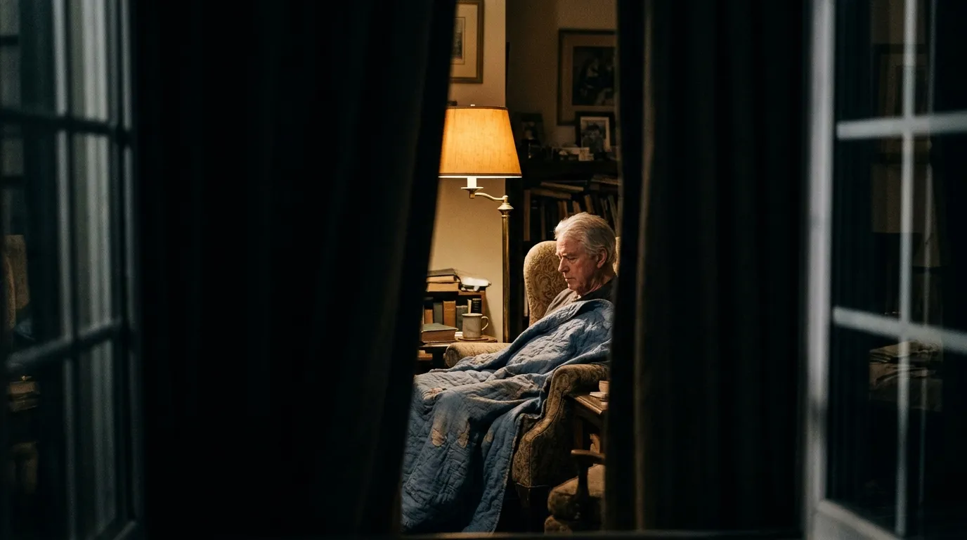 View through a window of an older man sitting in an armchair under a quilt
