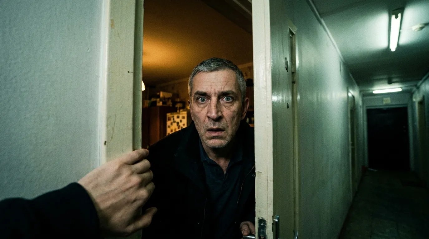 A shocked man standing in a dimly lit apartment doorway