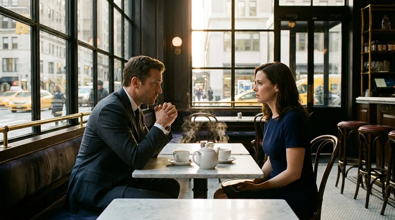 Taylor and Maya sitting across from each other in a high-end Manhattan cafe
