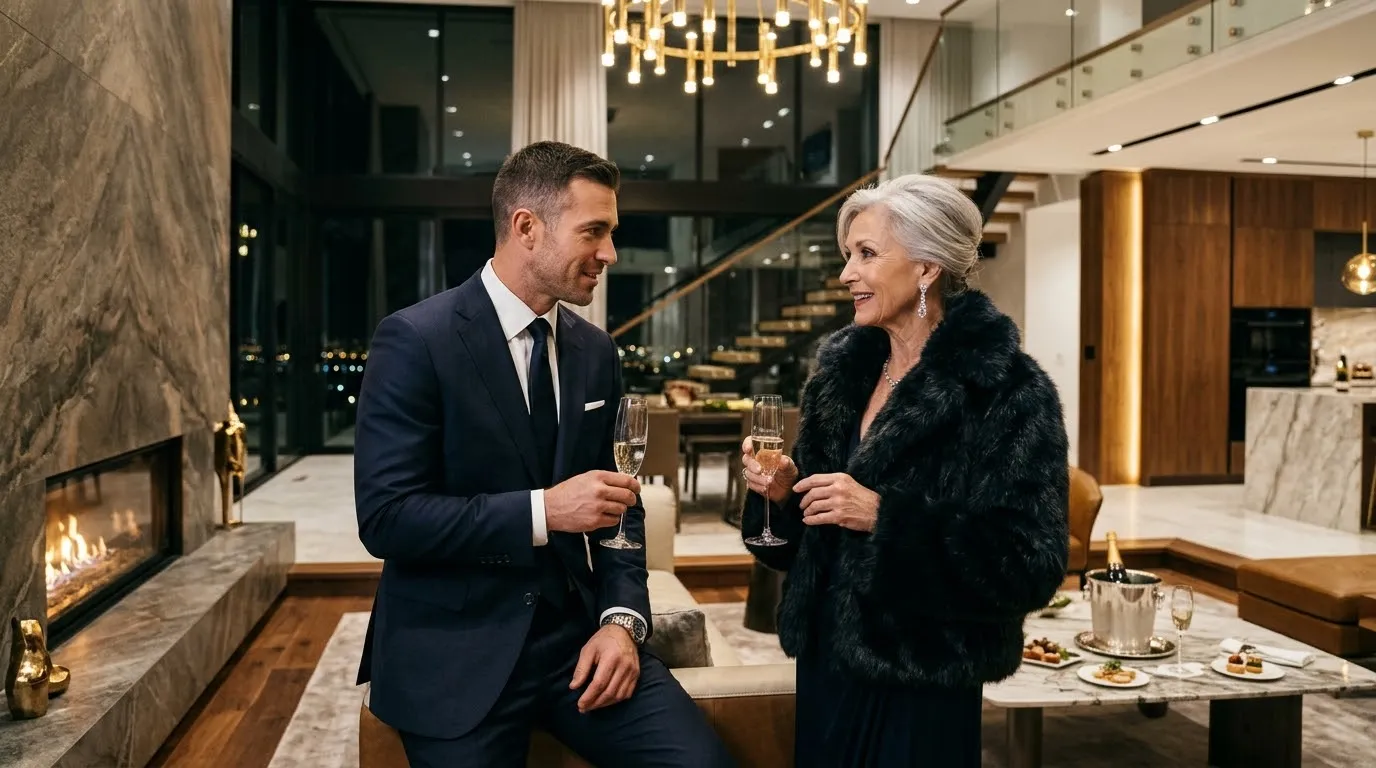 Man and older woman drinking champagne in a luxurious mansion