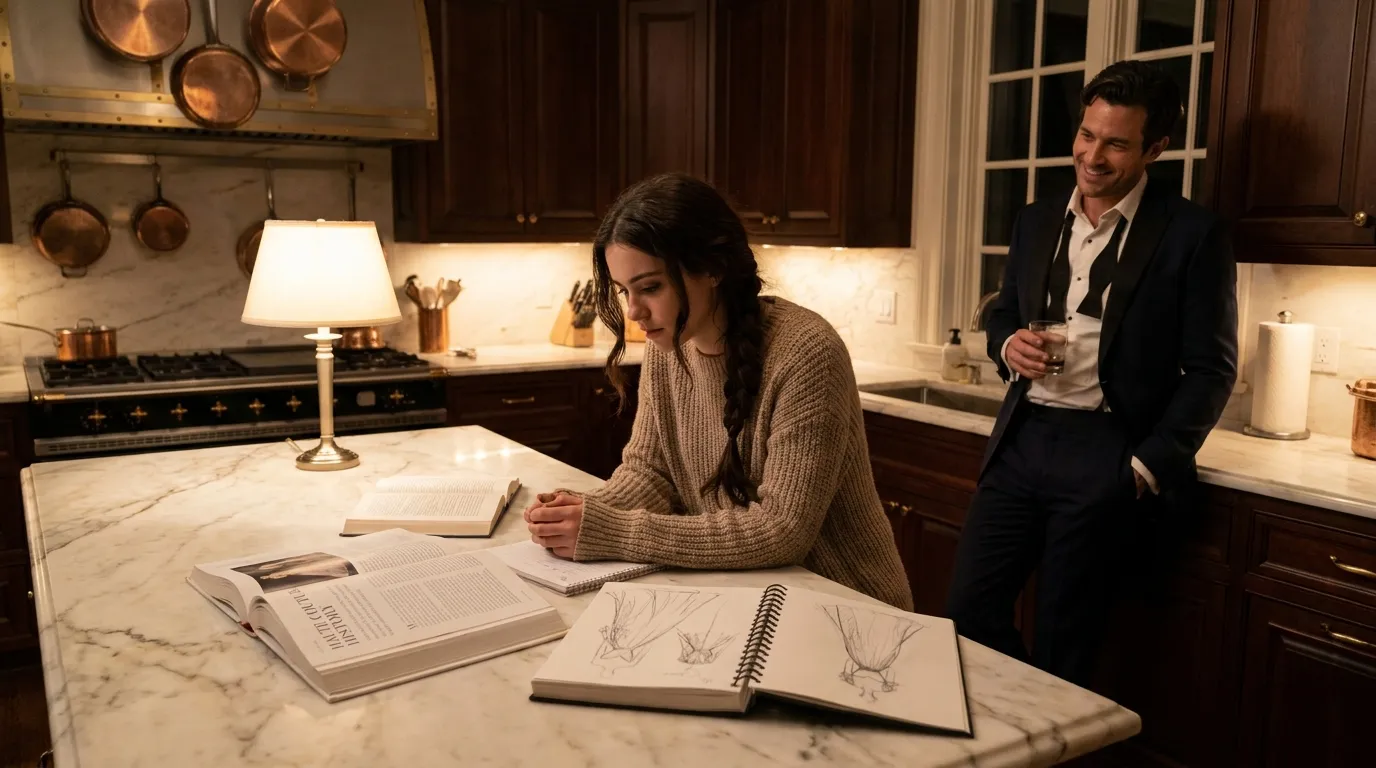 Billionaire and housekeeper looking at a fashion sketchbook in a mansion kitchen