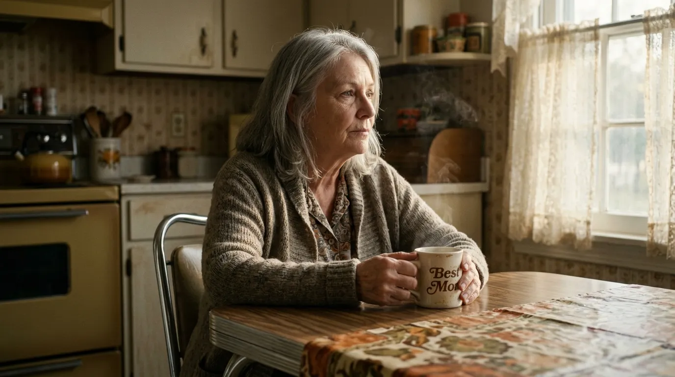 Older woman with silver hair sitting thoughtfully at a kitchen table holding a Best Mom mug