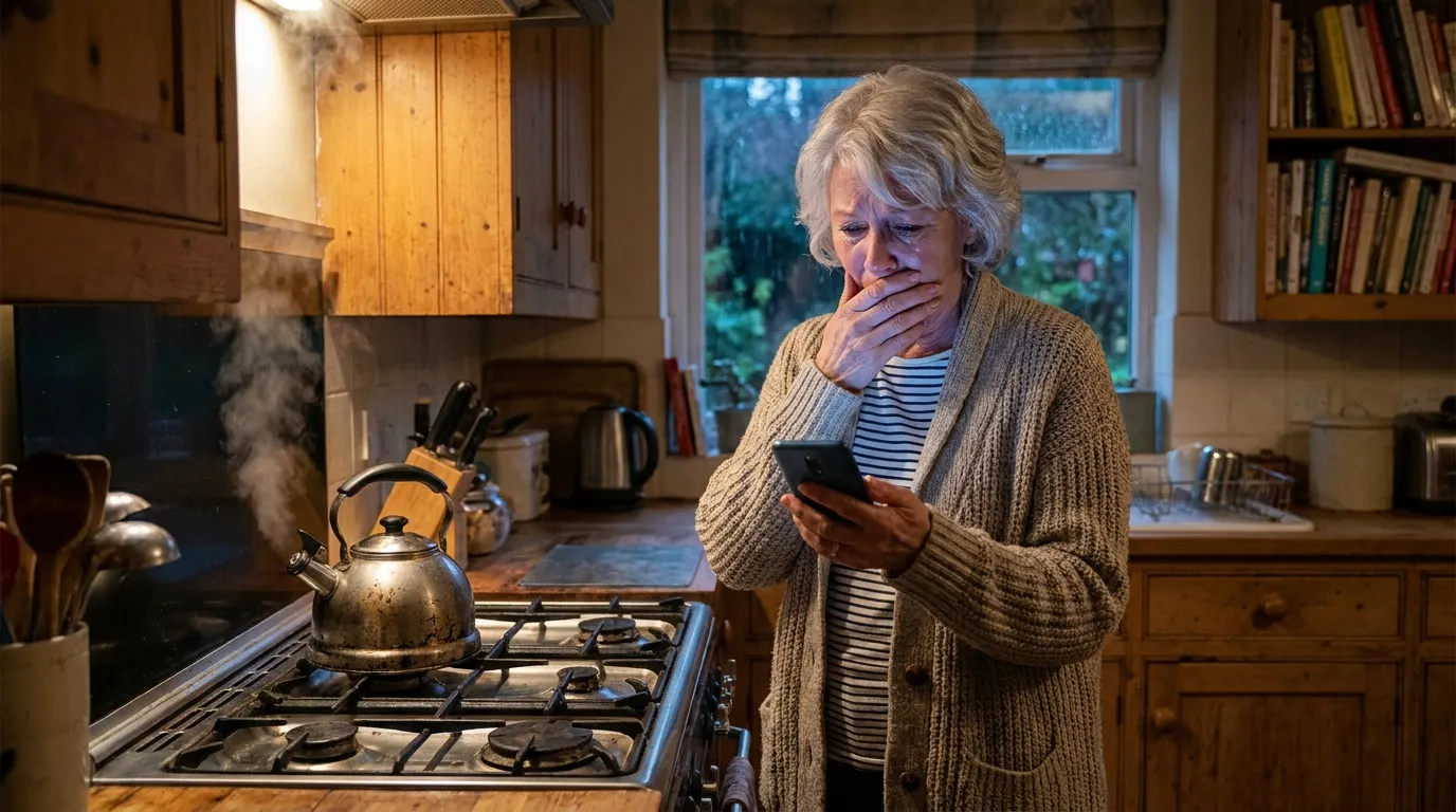 Older woman looking sadly at a smartphone in a dimly lit kitchen with a kettle on the stove