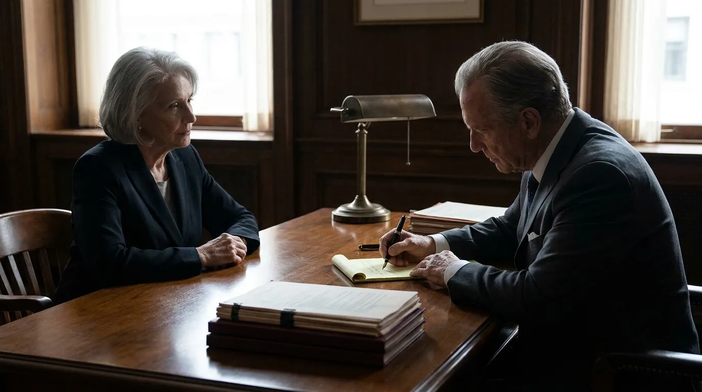 Older woman sitting across from a lawyer in a wood-paneled office discussing legal documents