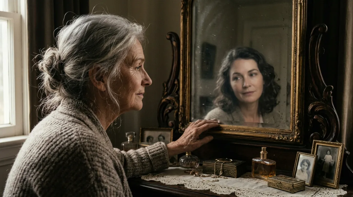 An older woman looking thoughtfully into a bedroom mirror