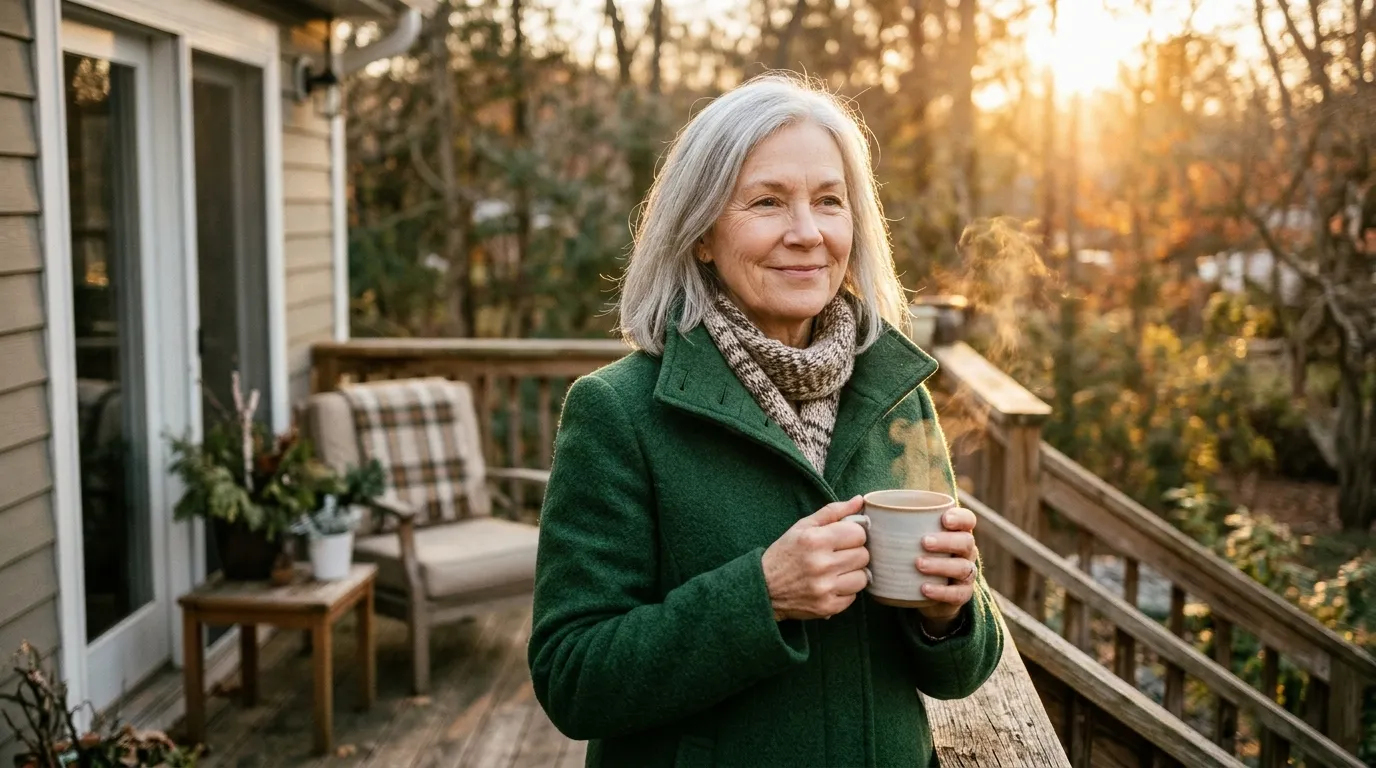 Smiling older woman in a beautiful new winter coat drinking tea on her porch