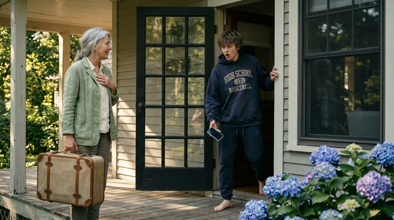 A 62-year-old woman in a pale green jacket looking surprised at a 17-year-old boy dropping his phone on a sunlit porch with hydrangeas.