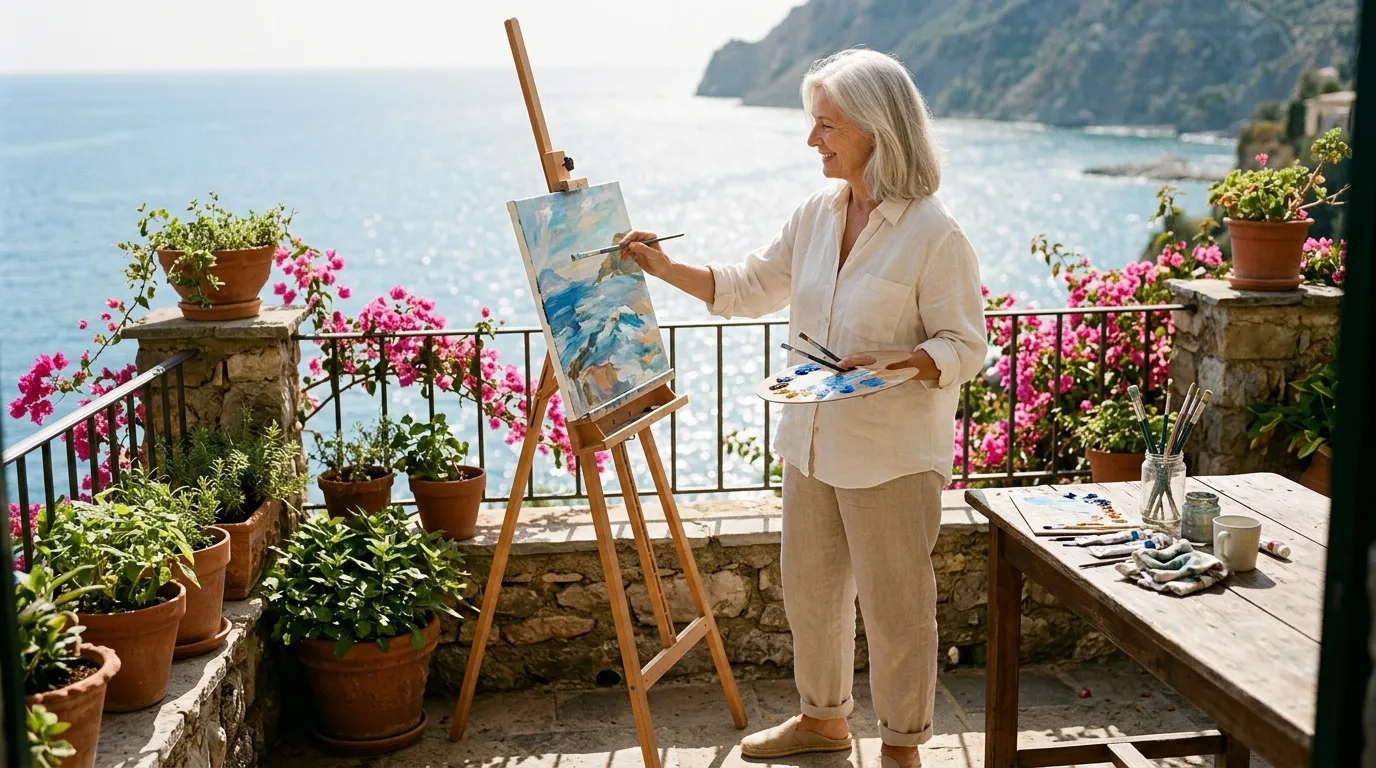 An older woman happily painting on a canvas by the sea