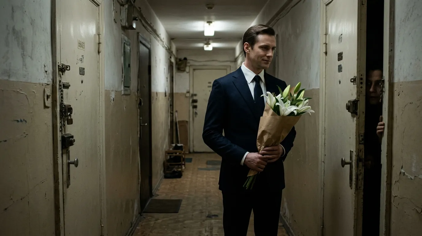 Man in a suit holding white lilies in an apartment hallway