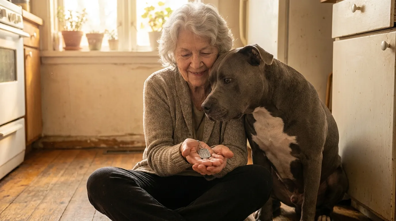 80-year-old woman sitting on floor holding a dog tag while a pit bull leans against her