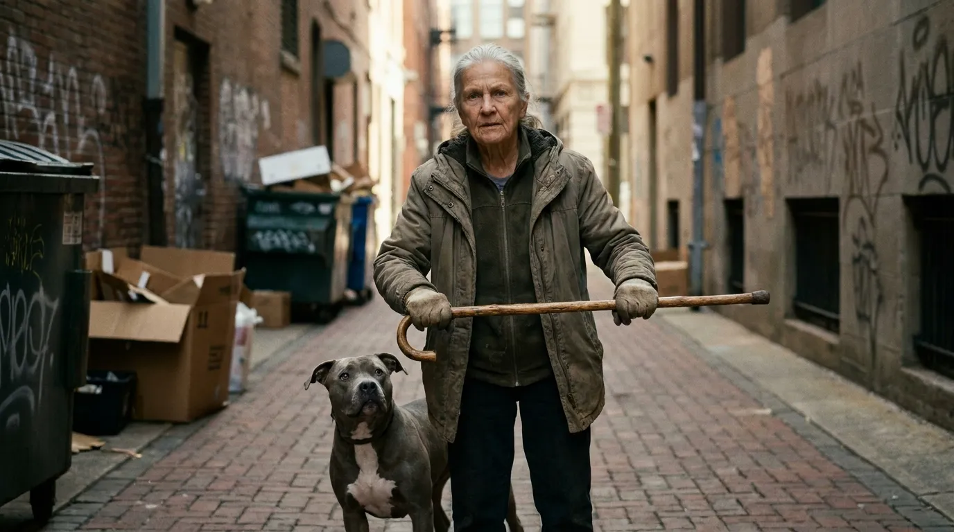 80-year-old Martha holding her cane to protect a crouching gray pit bull in an alleyway