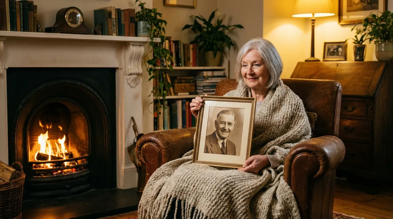 Martha sitting peacefully by the fireplace holding a picture of her late husband