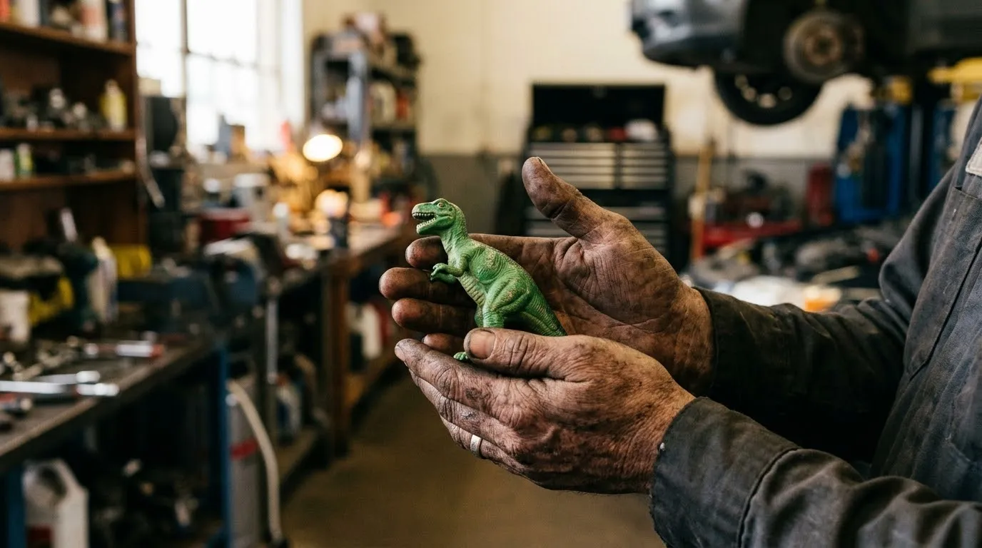 Mechanic's grease-stained hands holding a small green plastic T-Rex toy