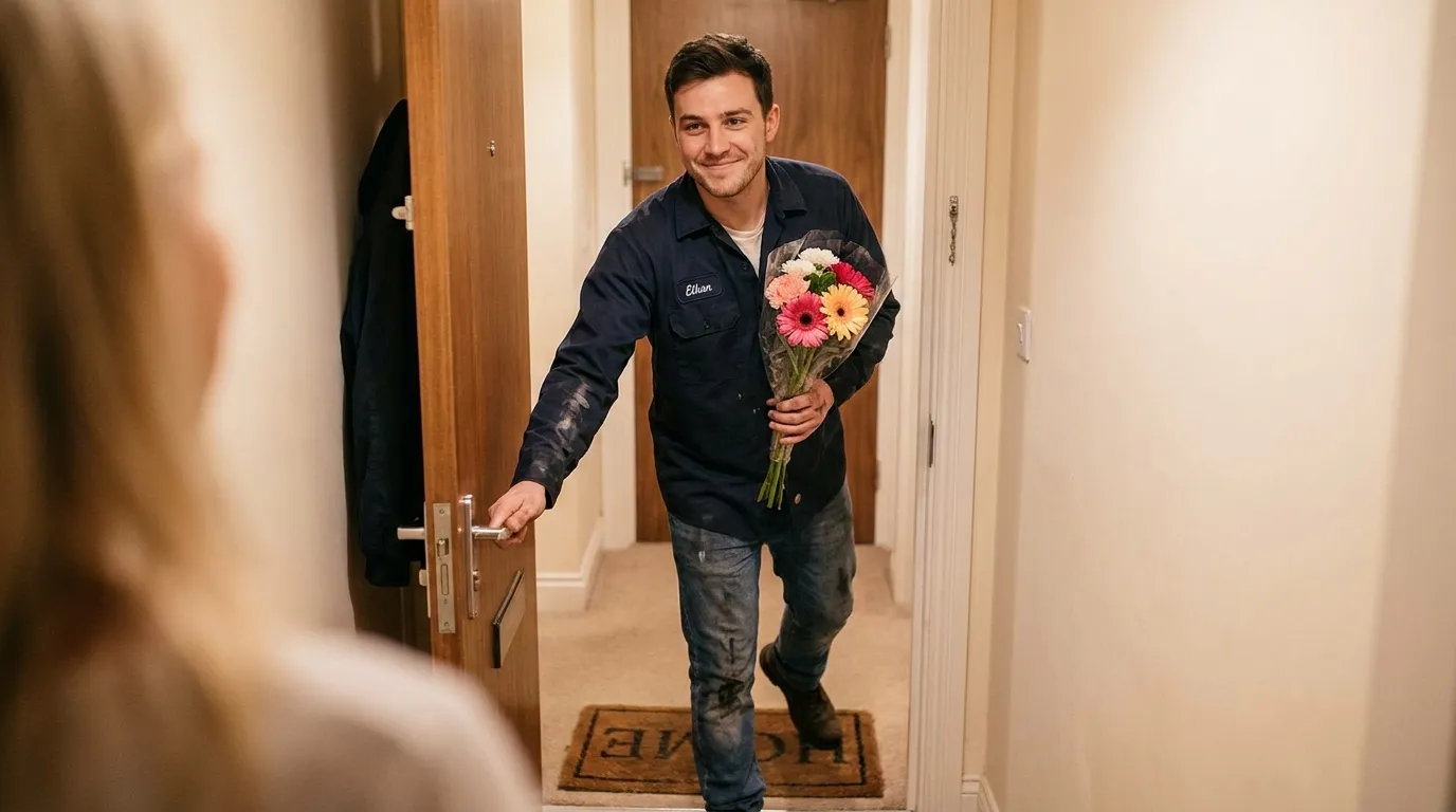 Mechanic husband coming home with a small bouquet of flowers